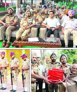(Clockwise from top) Senior police officers attend a function held on Police Commemoration Day; a family member of a police officer being felicitated on the occasion; and police personnel pay tributes to their colleagues who laid down their lives in Bathinda on Monday.