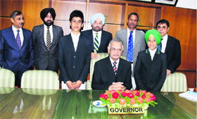 Horse riders Ritvik Thakur (third from left) and Gurbaz Sandhu (right) with UT Administrator Shivraj Patil in Chandigarh.