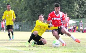 A match in progress during the 2nd Narendra Singh Kharola Memorial All-India Football Tournament in Dehradun on Monday