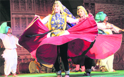 Artistes enact a Haryanvi dance at the Virasat cultural festival in Dehradun on Sunday. Tribune photo: Vinod Pundir