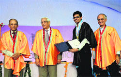 An IIT Mandi student gets a degree from chief guest Subodh Bhargava, Chairman, Tata Communications, at Kamand. IIT Director T Gonsalves is also seen in the picture.