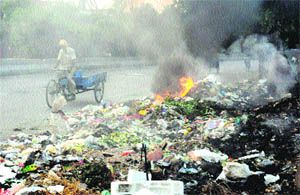 Garbage being burnt at Shaheed Udham Singh Nagar in Jalandhar on Monday.
