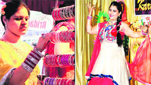 A newlywed woman looks at bangles displayed at a shop ahead of Karva Chauth in Jalandhar on Monday; and (right) a teacher of Saint Soldier School participates in modelling during the Mrs Karva Chauth Competition held on the school campus. 