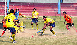 A hockey match for girls in progress during the Punjab State School Games at the Multi-purpose Sports Stadium in Bathinda on Tuesday