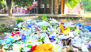 Bio-medical waste dumped with garbage at the main entrance to the civil dispensary in Sector 22 in Chandigarh.