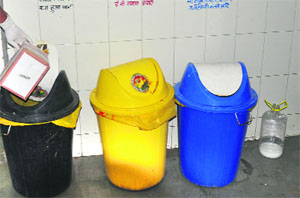 Coloured bins for the disposal of different kinds of waste material at Government Multi-Speciality Hospital, Sector 16.