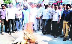 Supporters of yoga Guru Ramdev burn an effigy of the Congress government in Haridwar on Tuesday against the registration of a case against his brother Ram Bharat.