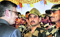 Chief Minister Omar Abdullah interacts with jawans at the BSF sainik sammelan in Samba on Tuesday