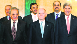 US Secretary of State John Kerry (extreme right) with Foreign Ministers of Saudi Arabia , Britain and Turkey,Jordan, UAE and Qatar in London on Tuesday.