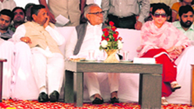 Chief Minister Bhupinder Singh Hooda is flanked by Union Social Justice and Empowerment Minister Kumari Selja (right) and Union Minister of State for Micro, Small and Medium Enterprises KH Muniyappa at the foundation-laying ceremony of a technology park at Saha on Wednesday.