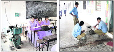 Girl students study in a room where a generator has been kept; (right) male students plaster the floor.
