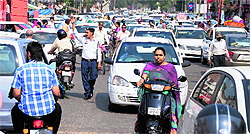Traffic goes haywire on a road in Ludhiana on Wednesday