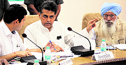 Union Information and Broadcasting Minister Manish Tewari during a meeting of the District Vigilance and Monitoring Committee in Ludhiana