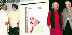 MP Pawan Bansal, Punjab Education Minister Sikandar Singh Maluka, scientist Yashpal and PU VC Arun Grover during the release of a commemorative postal stamp at the PU on Thursday