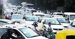 A traffic jam at the Cricket Stadium roundabout in Chandigarh on Thursday