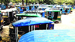 Auto-rickshaws parked at Rodi Belwala in Haridwar on Thursday as part of a strike