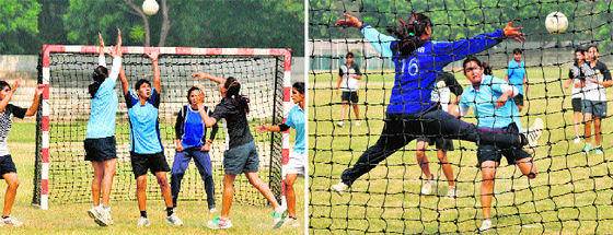 A match in progress during the state-level games for women at Karan Stadium in Karnal.