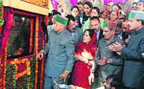 Chief Minister Virbhadra Singh, with his wife and Mandi MP Pratibha Singh, lays the foundation stone of a rural tourist information centre at Nirmand on Thursday.