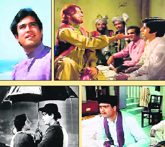 DEEP NOTES: (Clockwise from top) Stills of the songs sung by Manna Dey  Zindagi kaisi hai paheli, Yaari hai iman mera, Ek chatur naar kar ke shingar and Pyaar hua ikraar hua