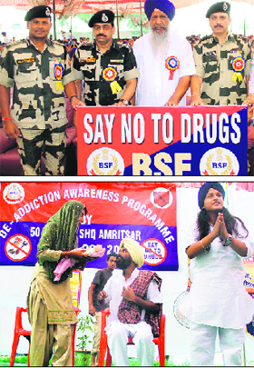 (Top) Ajay Tomar, IG, BSF, MF Farooqui, DIG, BSF, and Gulzar Singh Ranike, Cabinet Minister, during a de-addiction programme organised by the BSF; and artistes of a theatre group enact a play on de-addiction at Attari on Friday.