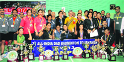 The winners of the 7th All-India Defence Accounts Badminton Tournament in Dehradun on Friday. Tribune photo: Vinod Pundir 