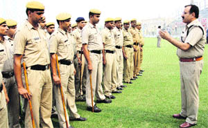 Cops being briefed about the security drill for Sundays  Ranji Trophy match between Haryana and Mumbai at Lahli village (Rohtak) stadium on Friday. 