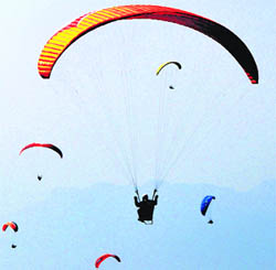 Paragliders in action on the second day of the pre-World Cup championship at Billing in Kangra district on Friday.