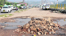 The dilapidated condition of road near the Maharaja Hari Singh Park in Jammu on Friday.