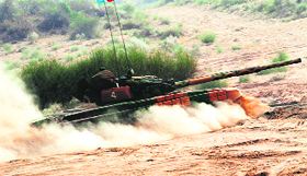 A military drill in progress at the Mahajan Field Firing Range in Rajasthan on Friday.