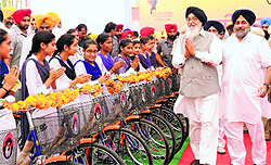Chief Minister Parkash Singh Badal and Deputy CM Sukhbir Singh Badal at a function in Jagraon on Friday