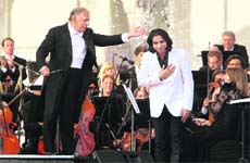 Noteworthy: Abhay Rustum Sopori, with renowned music conductor Zubin Mehta, after performing a composition during the concert Ehsaas-e-Kashmir at Shalimar Bagh, in Srinagar