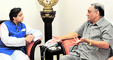 Union Minister of state for Human Resource and Development Shashi Tharoor at a meeting with Chief Minister Vijay Bahuguna in Dehradun on Saturday