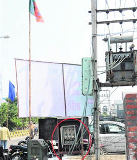 A kundi connection taken from a transformer for the bhoomi pujan programme for the new district office of the BJP at Surya Enclave in Jalandhar on Saturday.