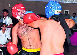 Players in action during the kickboxing championship in Jammu on Saturday