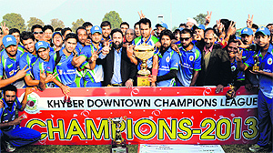 Mirza Gladiators, the winner of first Downtown Premier League, with their winning trophy in Srinagar on Saturday. They defeated Ghani Gladiators in the final contest at the Kashmir University Cricket Ground
