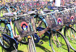 Bicycles distributed under Mai Bhago Vidya Scheme bear Chief Minister Parkash Singh Badals picture. A File photo