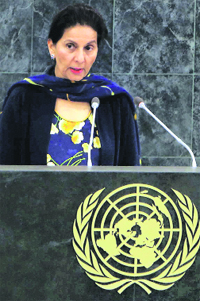 Minister of State for External Affairs Preneet Kaur speaks at a UN programme in New York on Saturday.  PTI