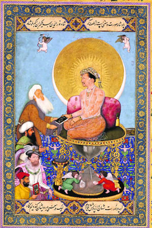 Jahangir preferring a Sufi Shaikh to Kings. Mughal, ca.  1615 ; by Bichitr