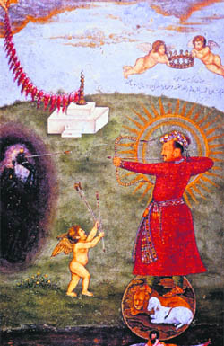 Jahangir takes an aim at poverty. Mughal, ca. 1620; possibly by Abu'lHasan