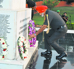 Lt. General TS Gill, lays a wreath at the Veer Smriti War Memorial at Chandimandir military station.