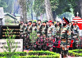 Lt Gen Gurmit Singh, GOC, Chinar Corps, pay tributes to the martyrs on the Infantry Day in Srinagar on Sunday