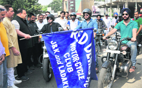 Devender Singh Rana, MLC and Provincial President, National Conference, Jammu, flags off Sunday Ride, a two-wheeler safety awareness rally in Jammu on Sunday.