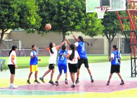 A match in progress during the BFI-IMG Reliance Basketball Schools League in Ludhiana on Sunday
