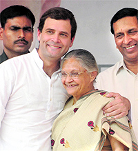 Congress vice-president Rahul Gandhi and Delhi Chief Minister Shiela Dikshit in New Delhi on Sunday