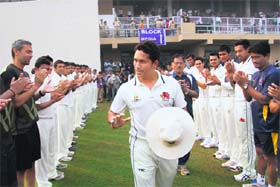 Master Blaster Sachin Tendulkar is greeted by players ahead of the Ranji opener between Mumbai and Haryana at a stadium in Lahli, Rohtak, on Sunday