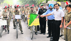 Deputy Commissioner, Bathinda, KK Yadav flags off the cycle rally by the NCC wing of the GZS PTU campus on Monday.