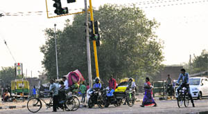 Cycle rickshaws near the traffic lights of Sectors 44 and 45 on Monday. They are habitual offenders on zebra crossings. 
