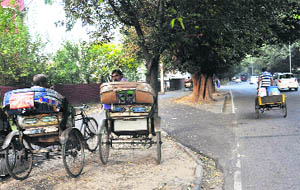 Rickshaws are rarely parked in designated parking lots. Even a rehriwala fails to use the cycle track on the road separating Sectors 36 and Sector 35. 