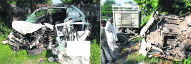 The mangled remains of the Swift car and the Tata-407 mini-truck. 