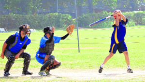 Players in action during the All India Inter-University Baseball Championship at Panjab University in Chandigarh. 